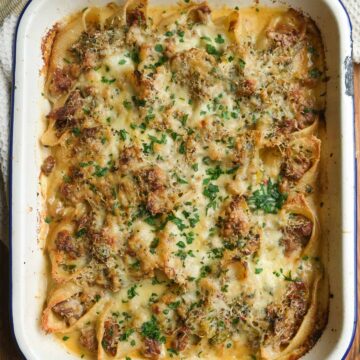 creamy sausage pasta bake recipe feature image