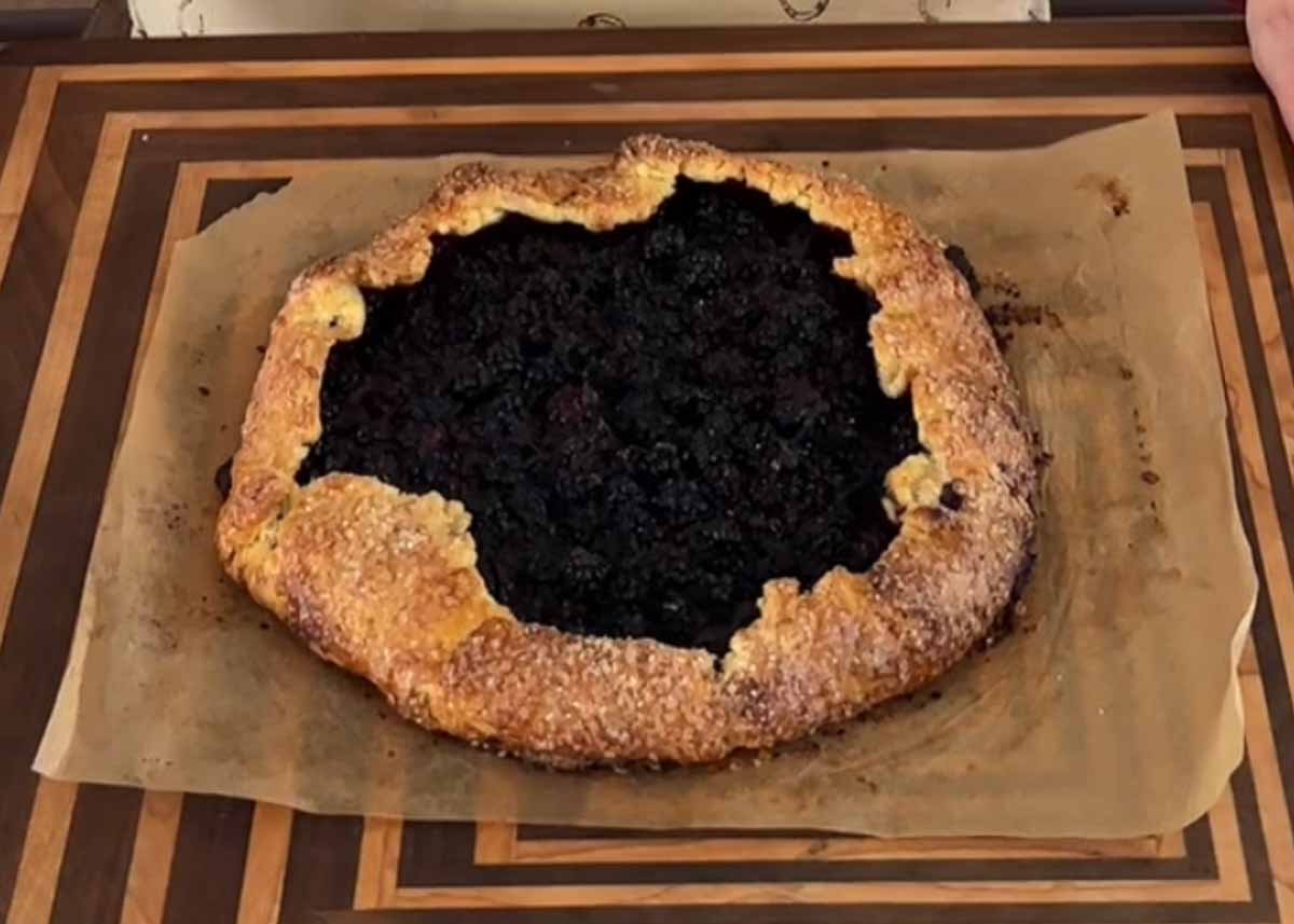 Golden baked blackberry galette with crisp pastry edges and dark glossy fruit centre.