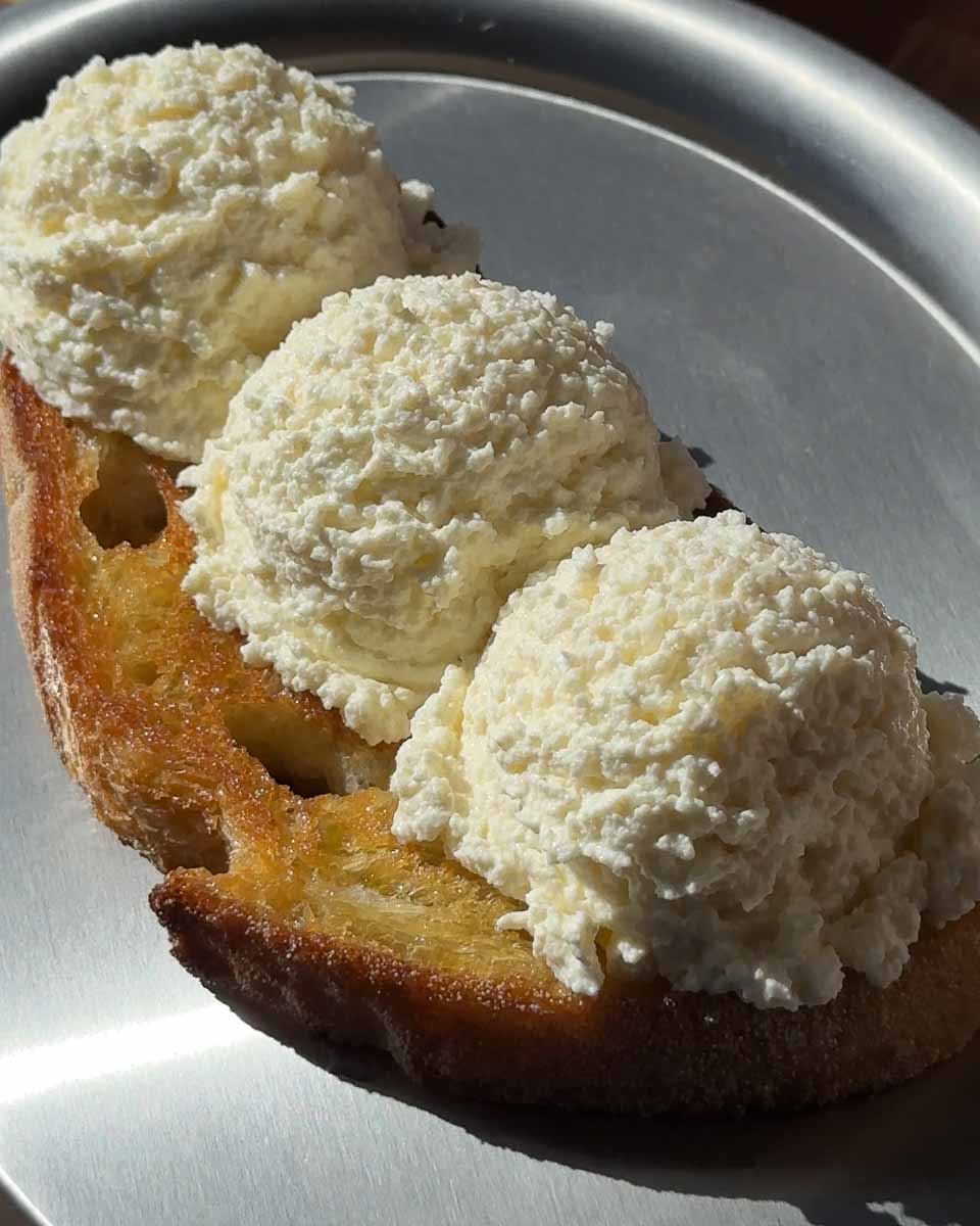 Creamy homemade cottage cheese served on toast in a modern kitchen