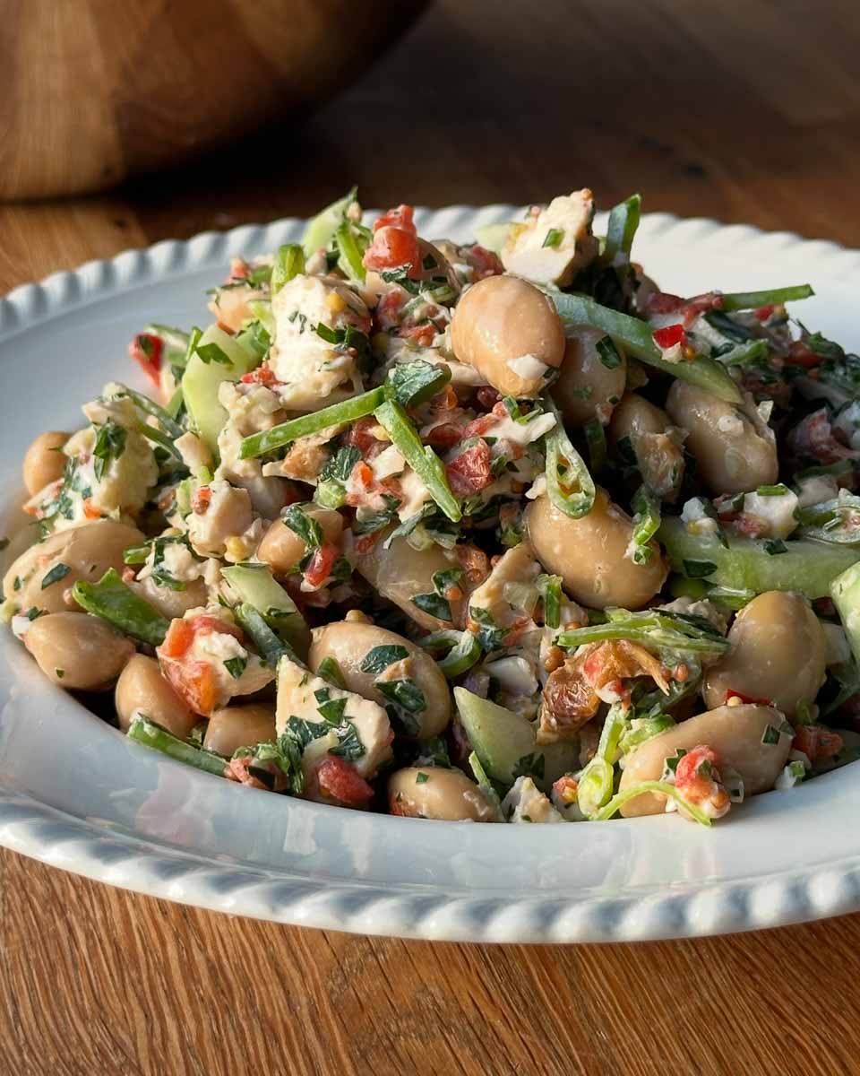 Butter bean and rotisserie chicken salad with creamy honey mustard dressing