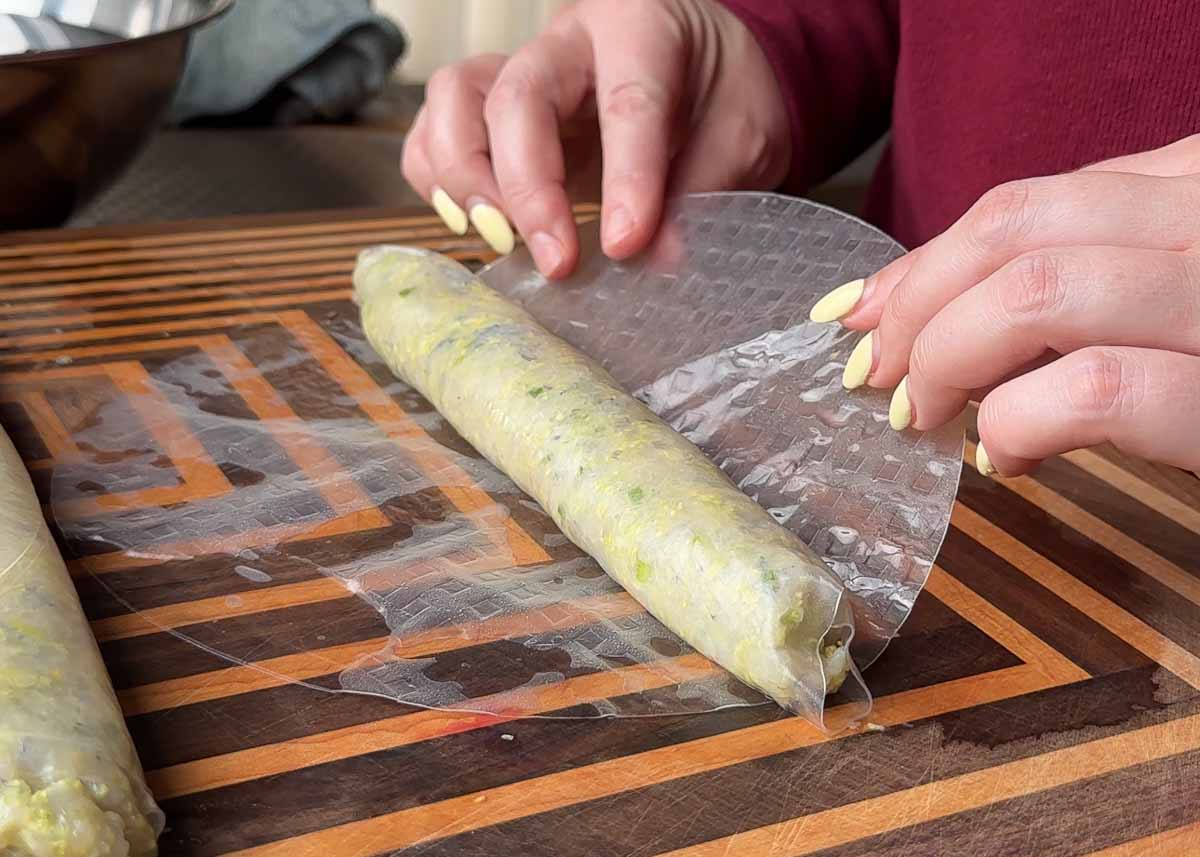 extra layer of rice paper going around prawn dumplings
