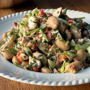 Rotisserie chicken and butter bean salad with creamy honey mustard dressing and fresh herbs