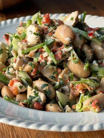 Rotisserie chicken and butter bean salad with creamy honey mustard dressing and fresh herbs