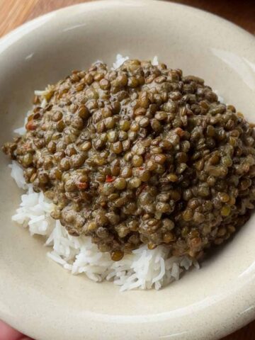 Finished creamy coconut lentil curry with fluffy basmati rice