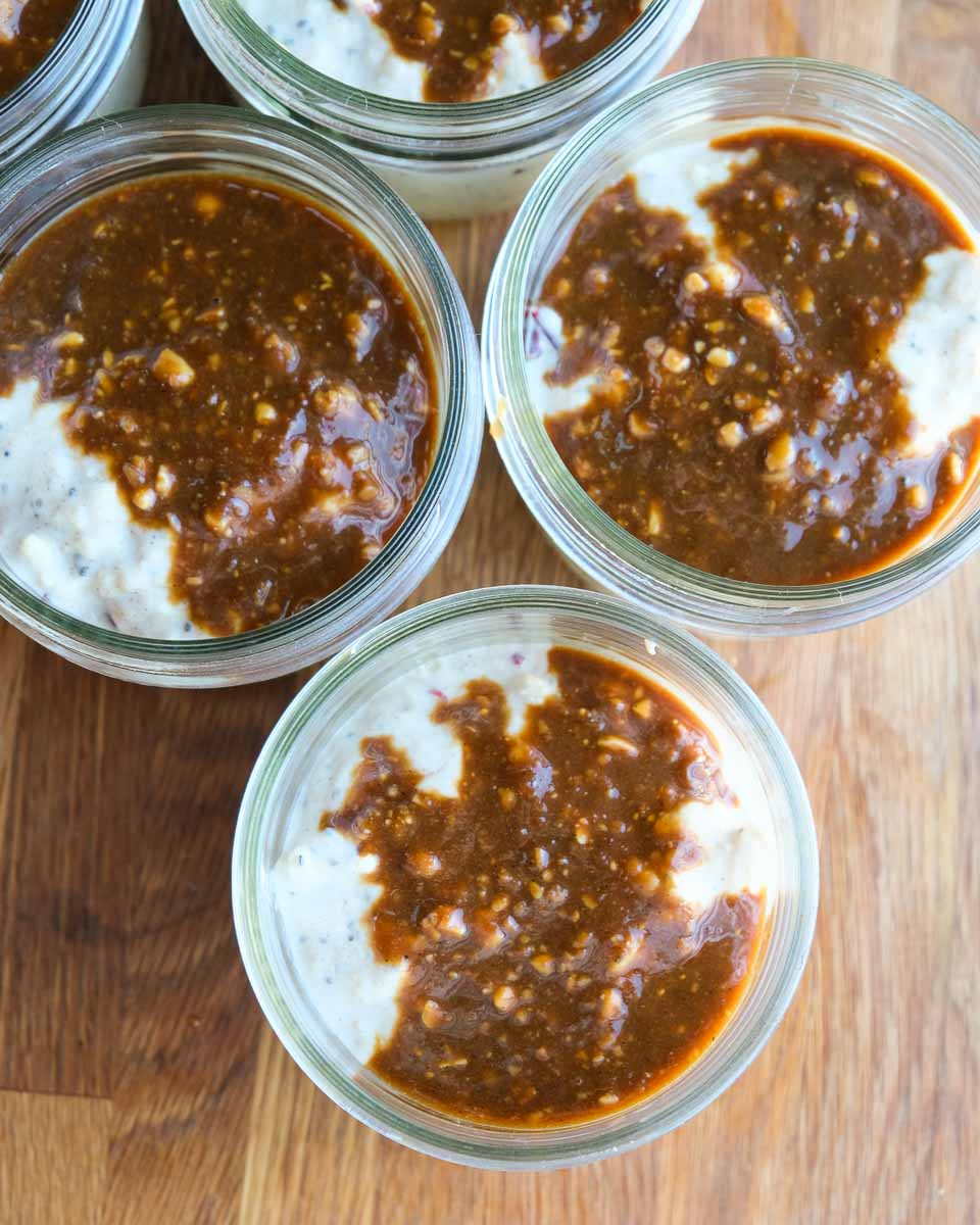 Overhead view of miso caramel bircher muesli showing thick caramel swirl texture