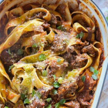 Boneless lamb shank rosé ragu with pappardelle topped with parmesan and oregano