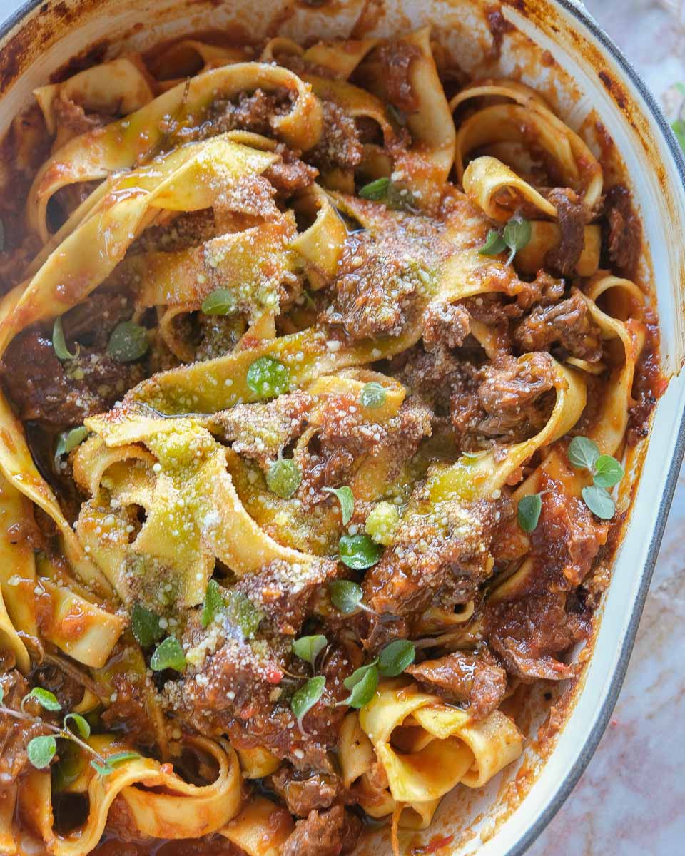 Close up of boneless lamb shank rosé ragu with silky pappardelle pasta