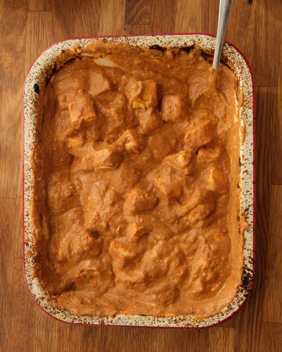 Butter paneer one tray bake fresh from the oven in baking dish