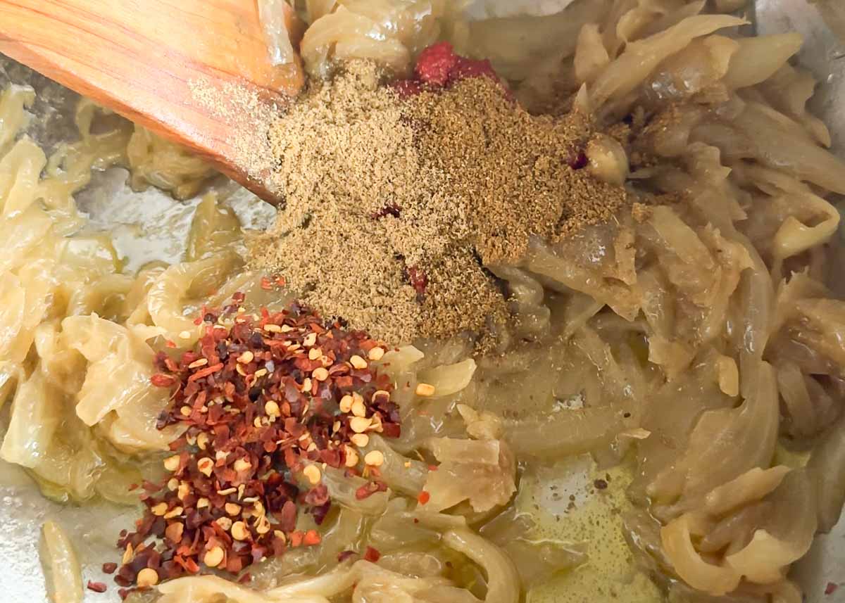Caramelised onions with tomato paste, cumin, coriander and chilli flakes.