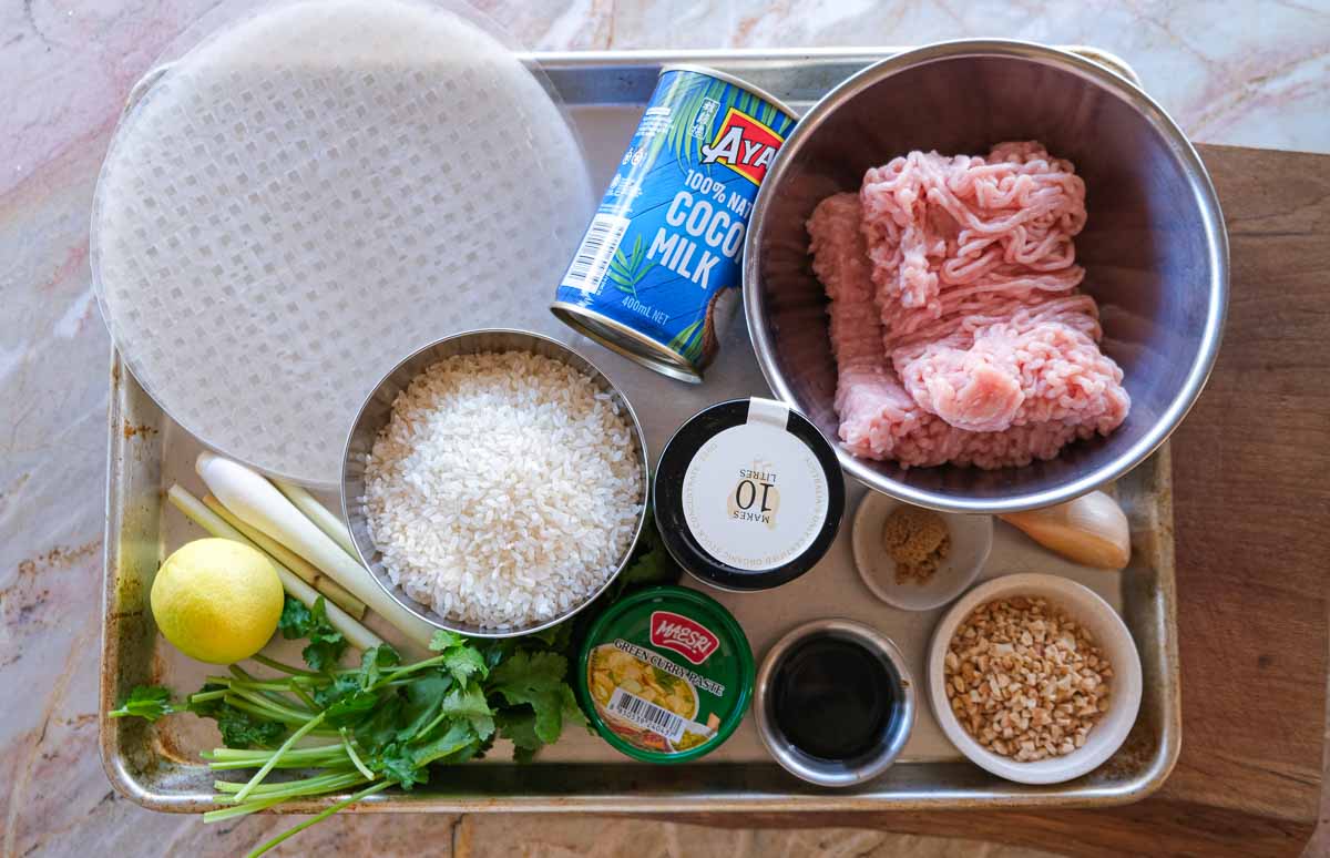 Ingredients for Chicken Rice Paper Dumpling Green Thai Curry including chicken mince, lemongrass, coconut milk, green curry paste and rice paper.