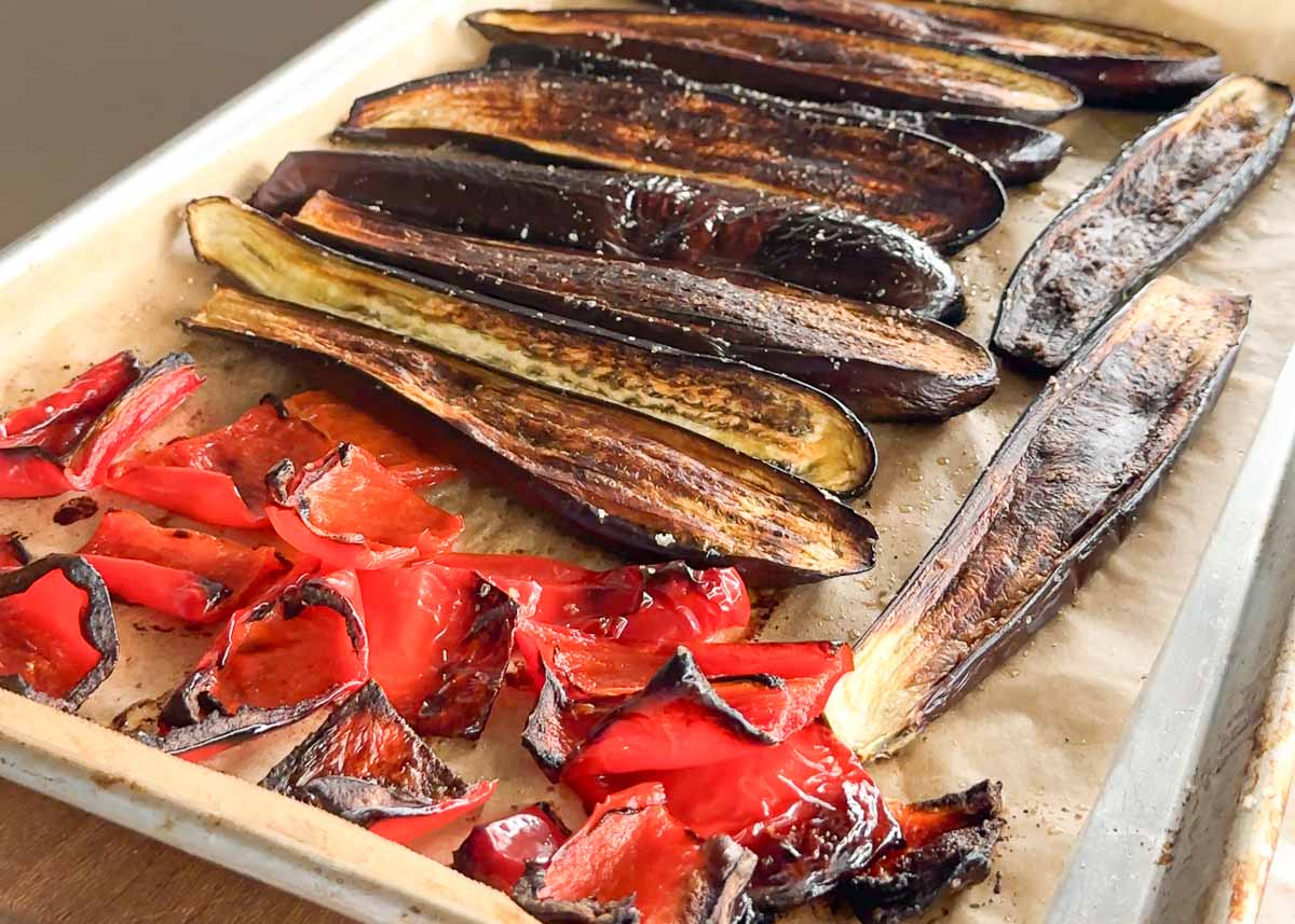 Roasted eggplant and capsicum ready to be chopped for börek filling.