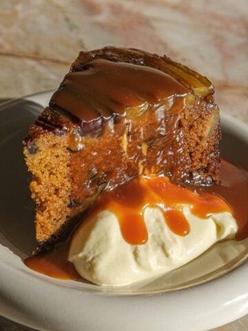 Caramel upside-down carrot cake with whipped cream cheese and caramel sauce