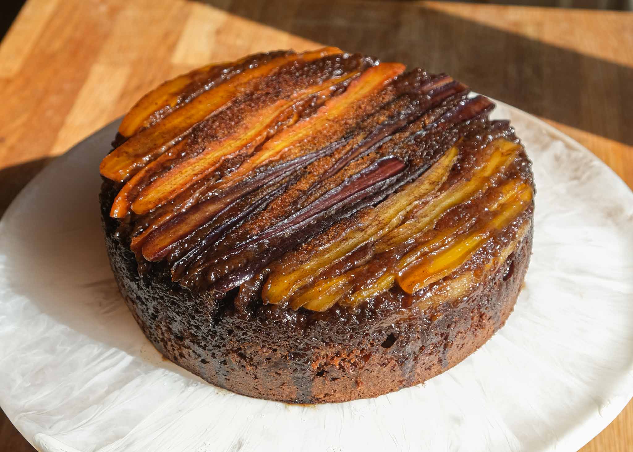 Whole caramel upside-down carrot cake with caramelised heirloom carrots