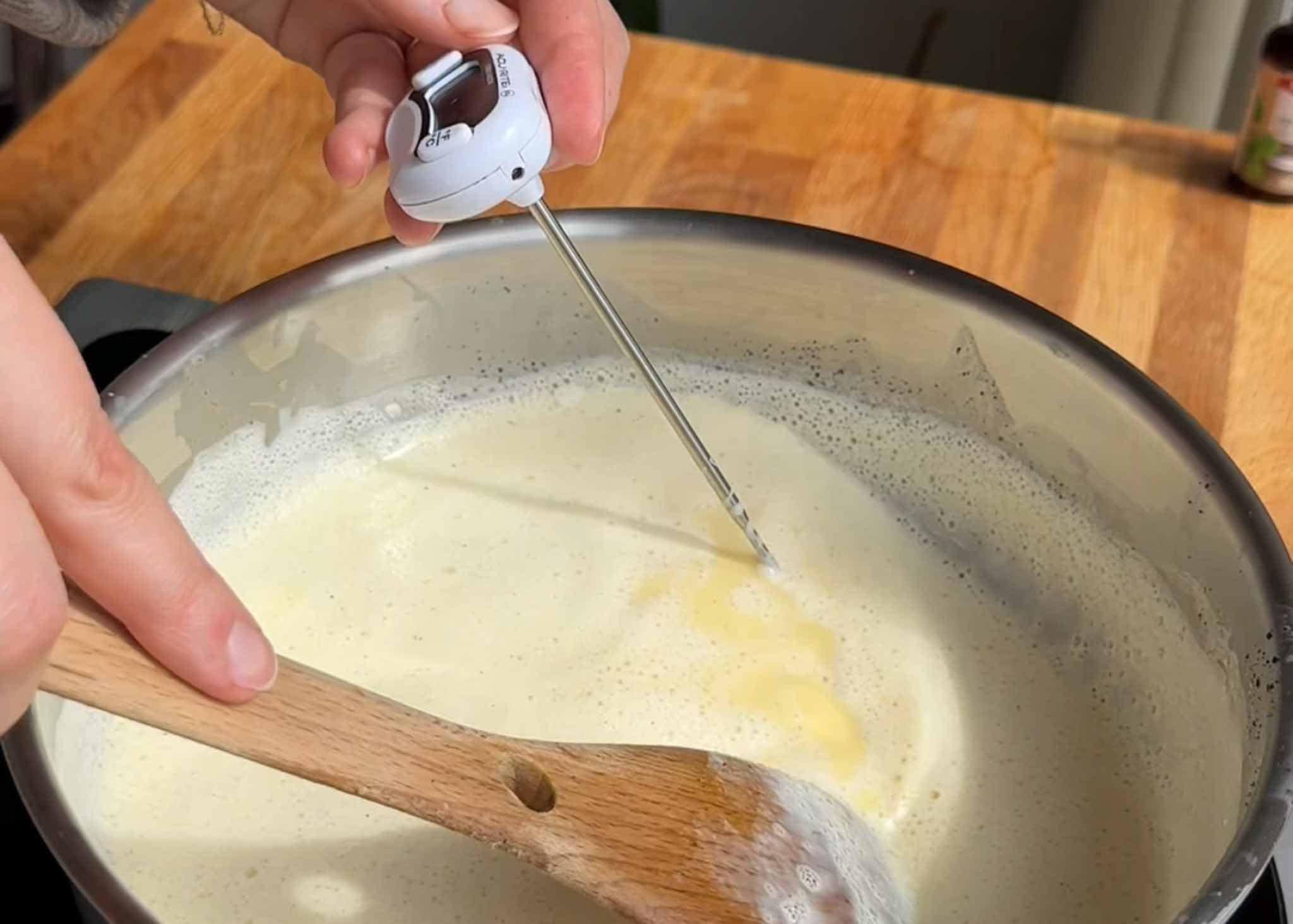 Ice cream custard being stirred over low heat