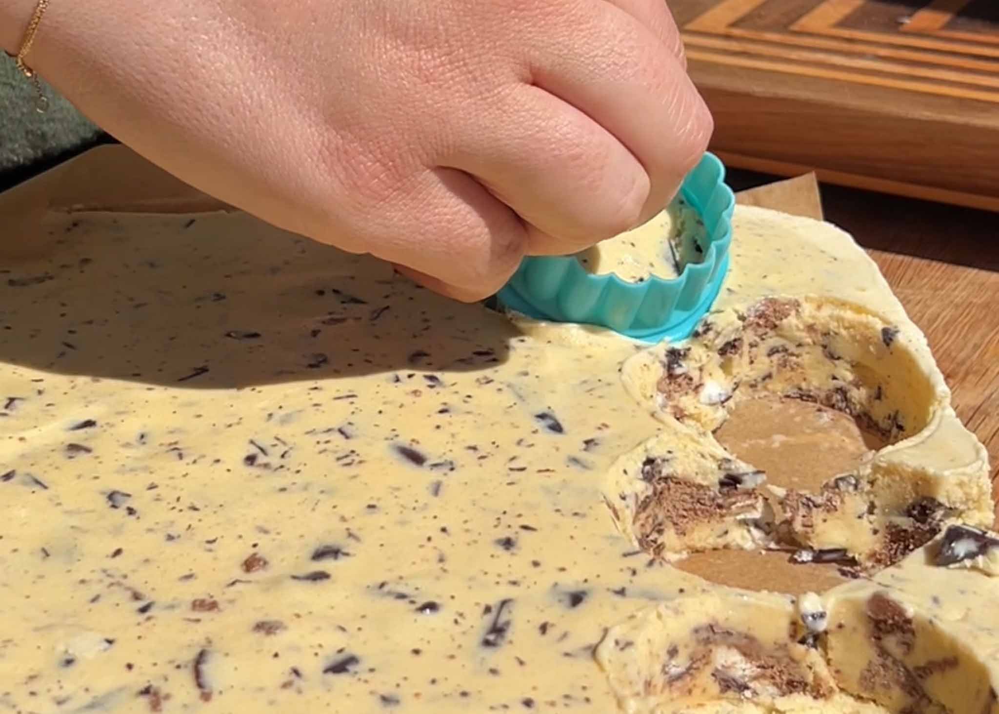 Cutting rounds of homemade ice cream for Mint Slice ice cream sandwiches