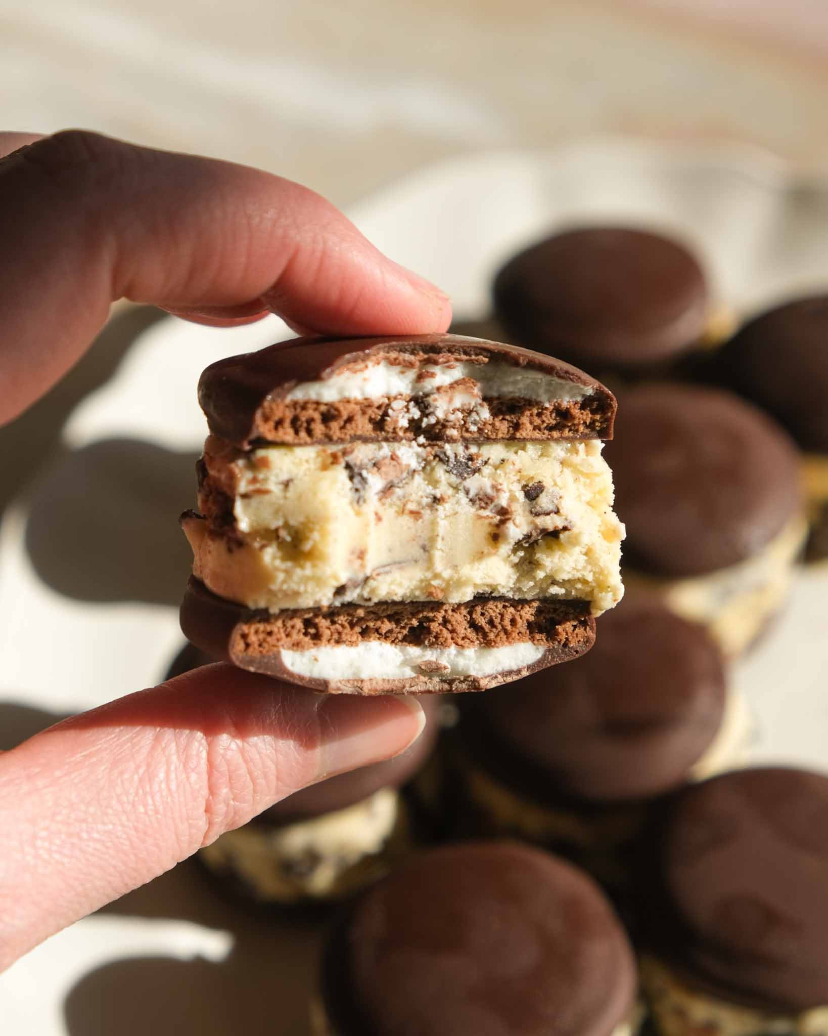 Mint Slice ice cream sandwich filled with homemade chocolate chip ice cream