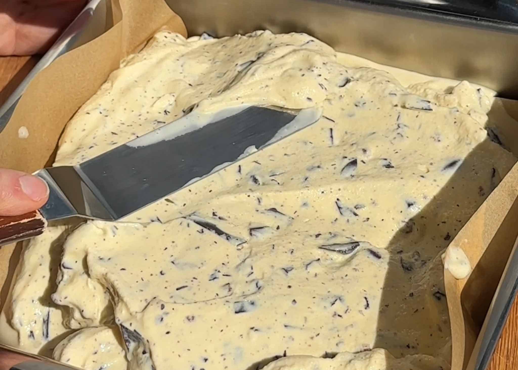 Mint Slice ice cream spread evenly into a lined tray